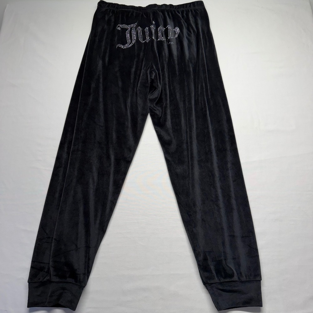 Juicy Couture Black Velour Jogger‎ Pants Rhinestone Logo Y2K Lounge Size L